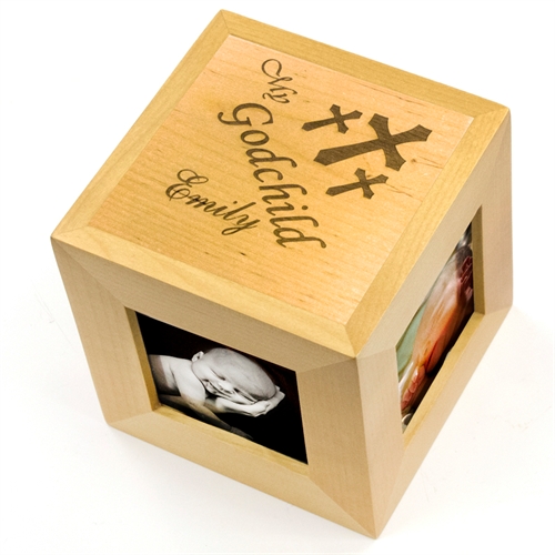 Cube photo en bois gravé mon filleul
