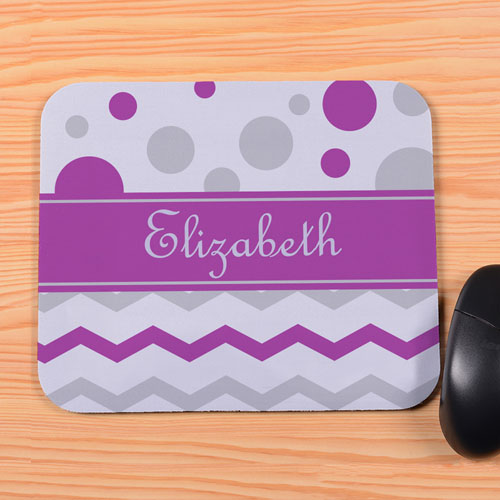 Tapis de souris violet personnalisé chevron gris & pois