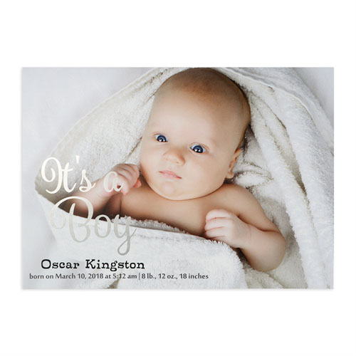 Annonce de naissance photo personnalisée feuille d'argent c'est un garçon, cartes 12,7 x 17,78 cm