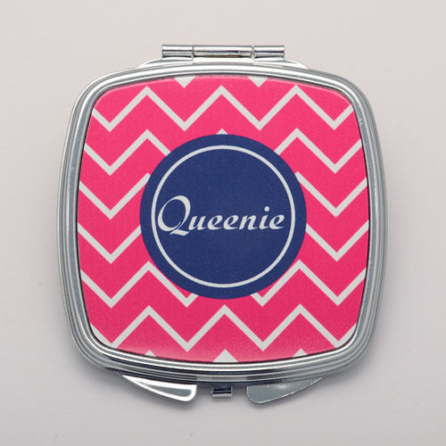 Miroir de poche carré personnalisé bleu marine chevron fuchsia