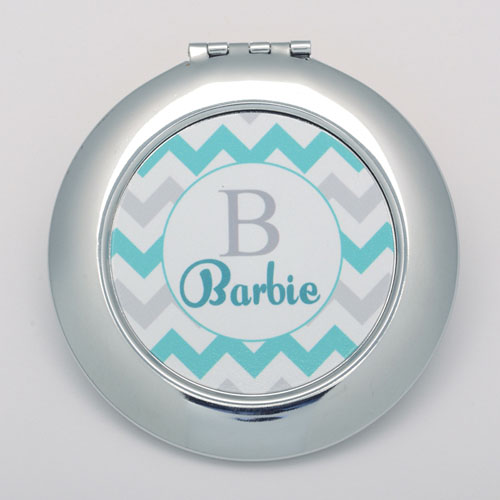 Miroir de poche rond personnalisé chevron turquoise gris