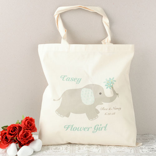 Cabas coton personnalisé éléphant turquoise bouquetière