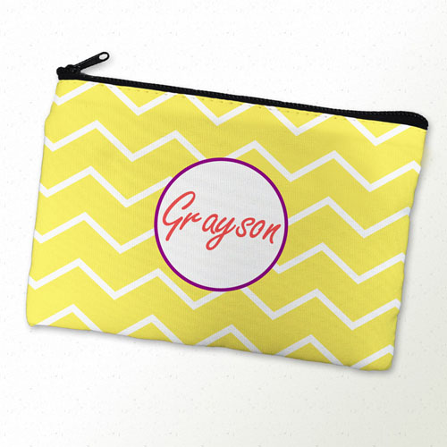 Trousse de toilette personnalisée chevron jaune cadre violet