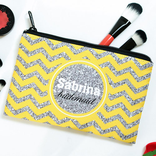 Trousse de toilette personnalisée chevron paillettes jaune moyen