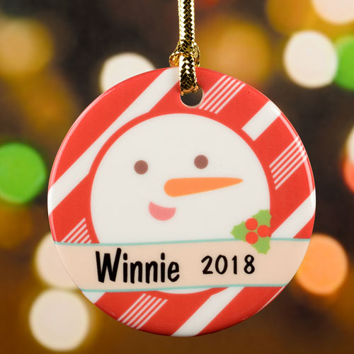 Ornement rond en porcelaine personnalisé bonhomme de neige