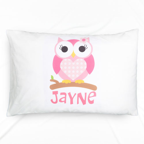 Taie d'oreiller nom personnalisé hibou rose pour enfants