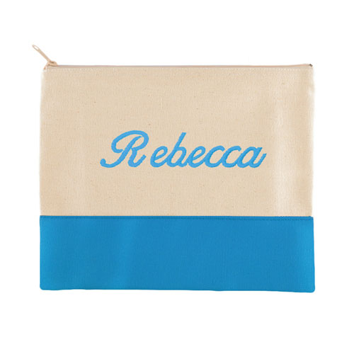 Trousse tirette turquoise naturelle nom brodé (19,05 x 22,86 cm)