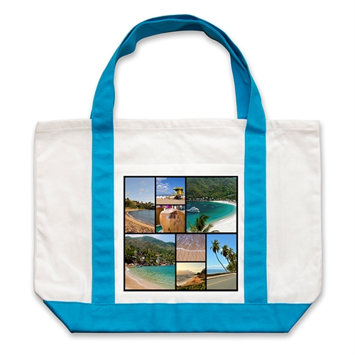 Large cabas personnalisé turquoise huit collage noir