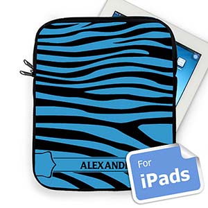 Housse iPad motif zèbre noir & bleu nom personnalisé