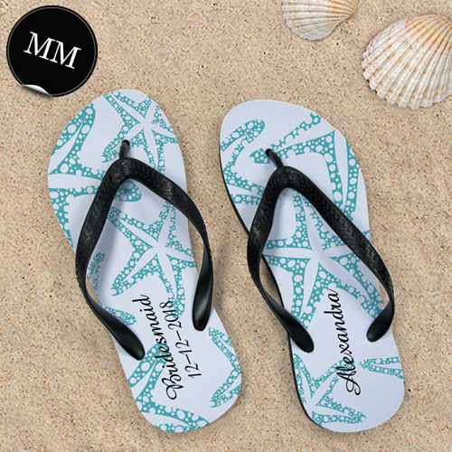 Concevoir mes propres sandales tongs étoile de mer turquoise texte personnalisé, hommes moyen