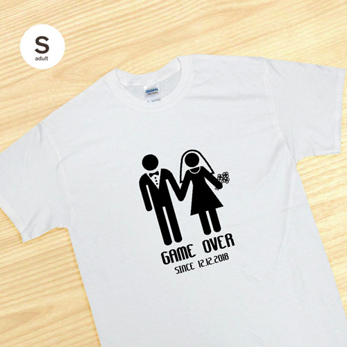 impression personnaliée fin de partie ajoutez noms et date de mariage, t-shirt blanc adulte petit